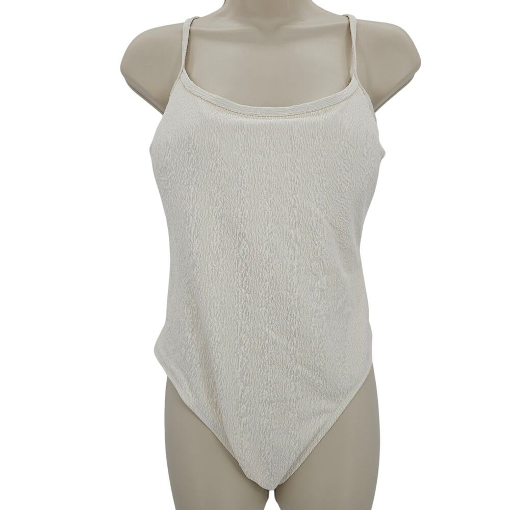 Halara Womans size XL Texture Lace Up Back Thong One Piece Swimsuit Ivory NEW